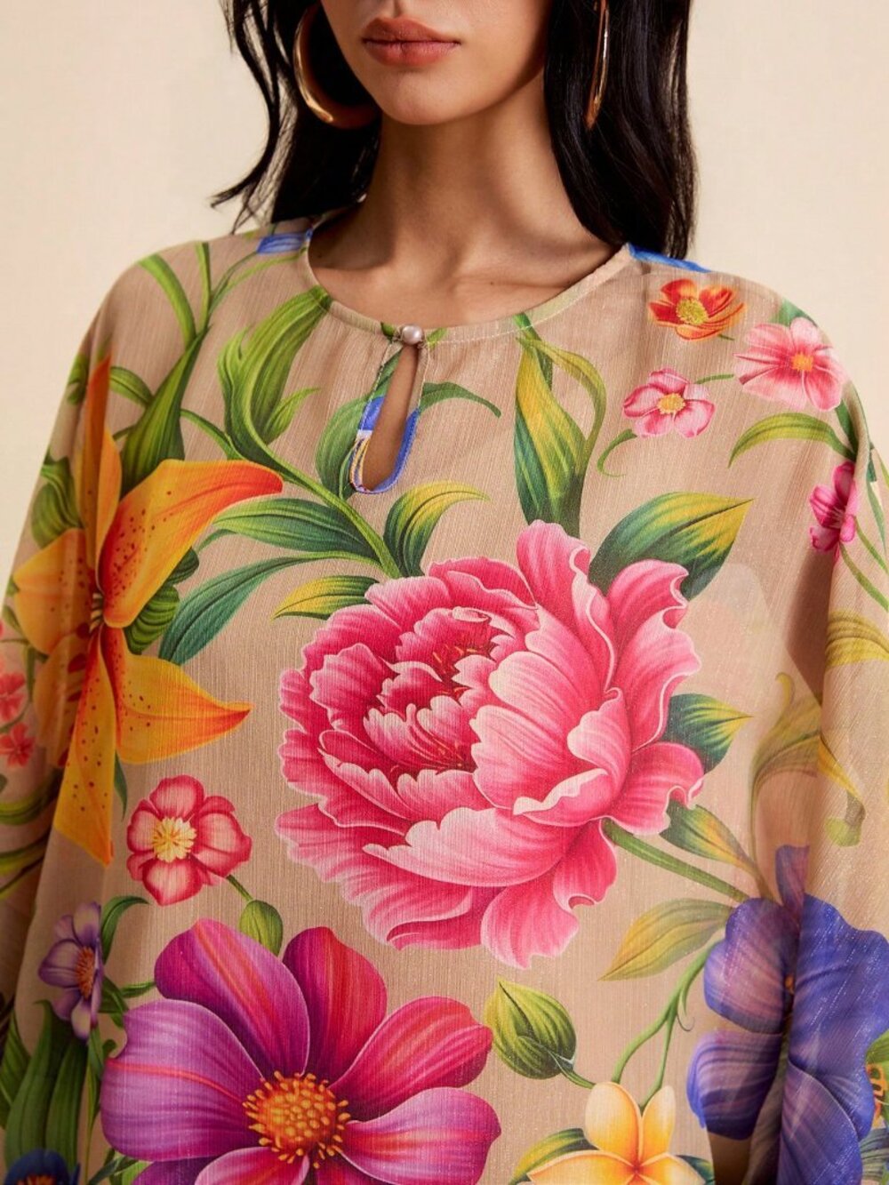 Khaki Boho Women's Tropical Floral Printed Blouse and Pants 2-Piece Set - Picture 8 of 9